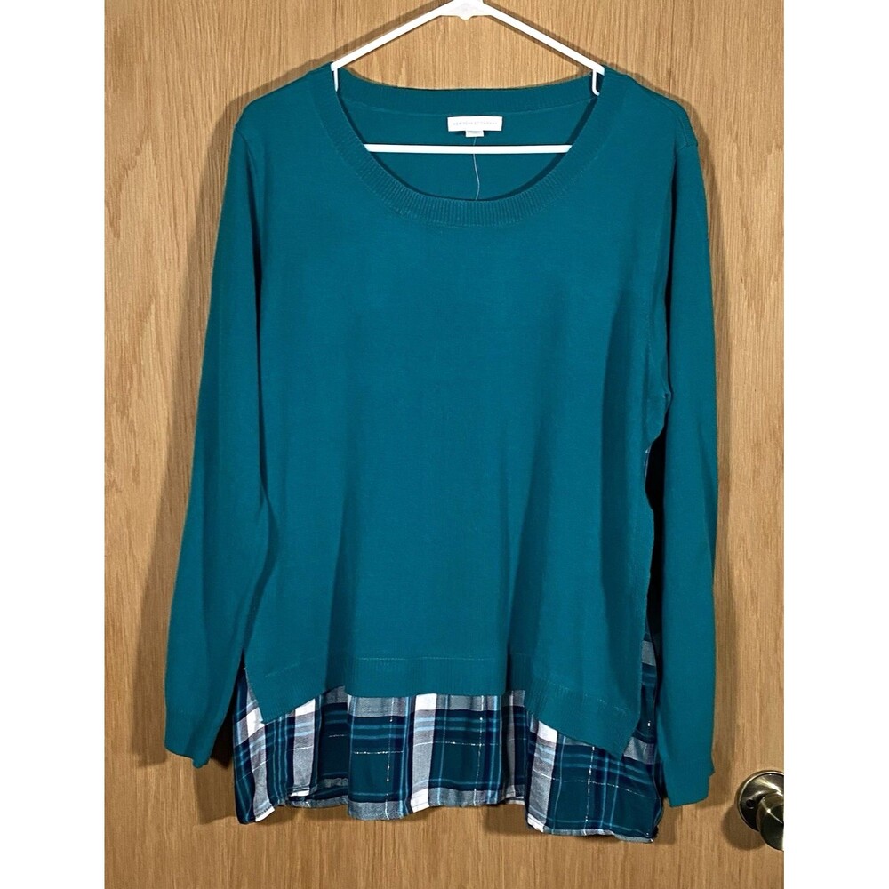 New York & Company Women's XL Sweater Blue Plaid Tunic Career Casual Stretch NWT